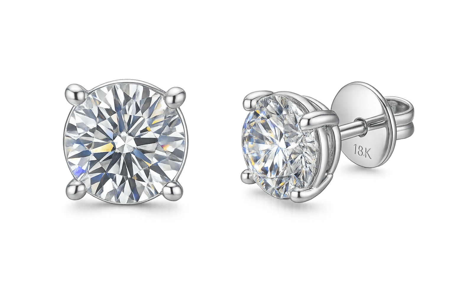 Certified diamond stud earrings in 18KT white gold, ideal for weddings or parties. give the image in png format no background