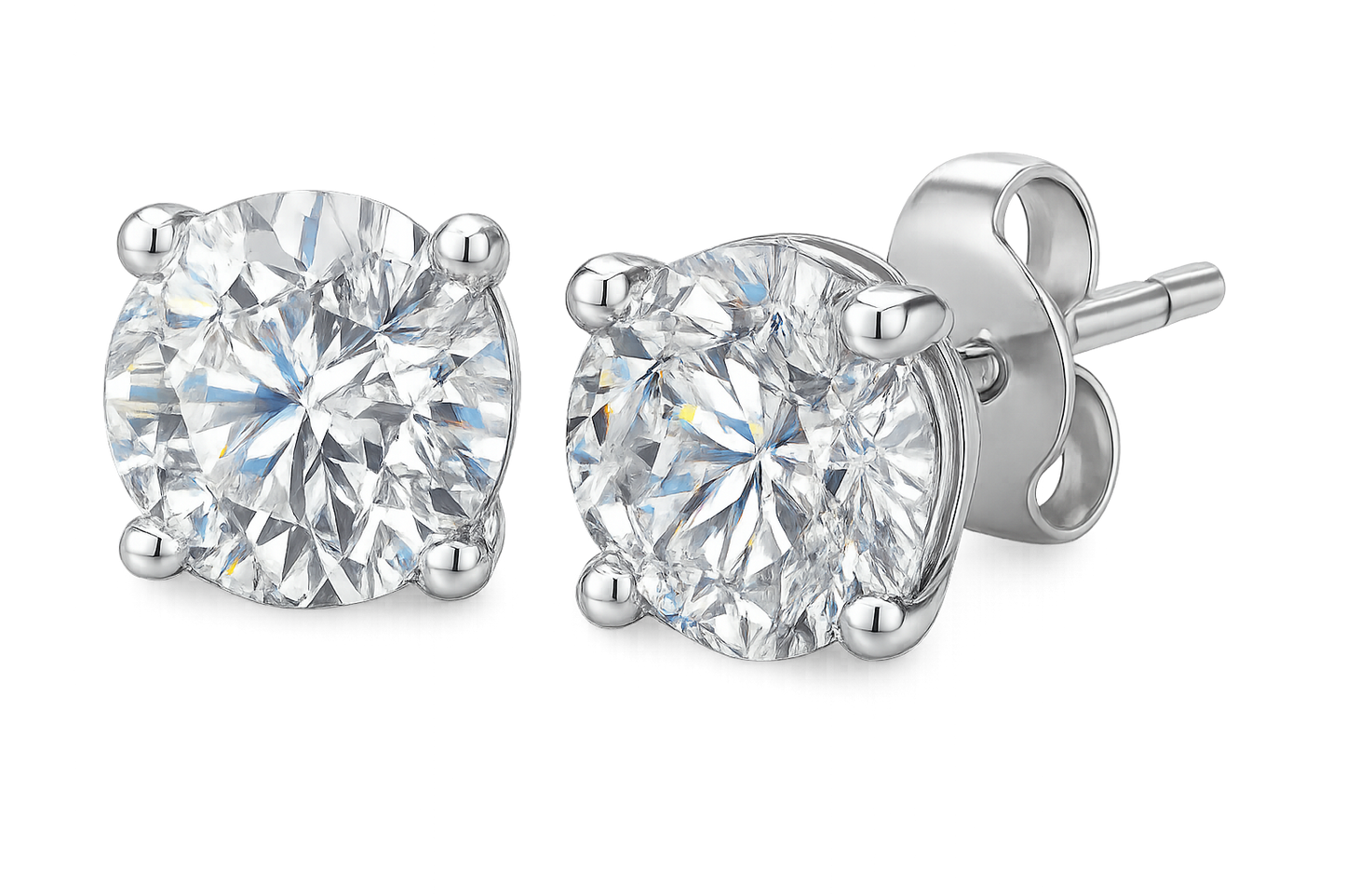 Certified diamond stud earrings in 18KT white gold, ideal for weddings or parties. give the image in png format no background