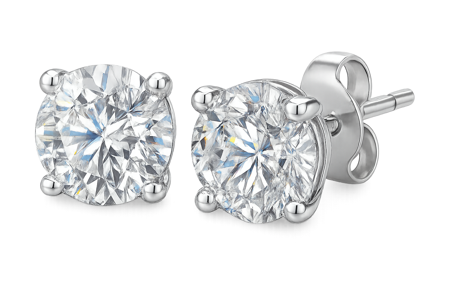 Certified diamond stud earrings in 18KT white gold, ideal for weddings or parties. give the image in png format no background