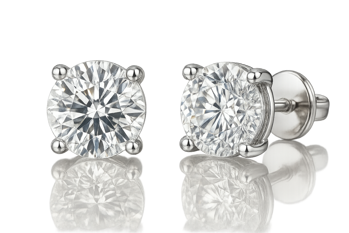 Certified diamond stud earrings in 18KT white gold, ideal for weddings or parties. give the image in png format no background