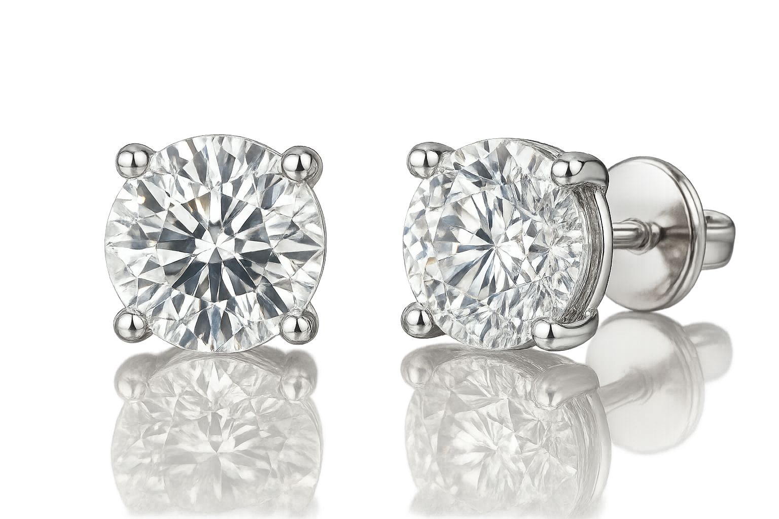 Certified diamond stud earrings in 18KT white gold, ideal for weddings or parties. give the image in png format no background