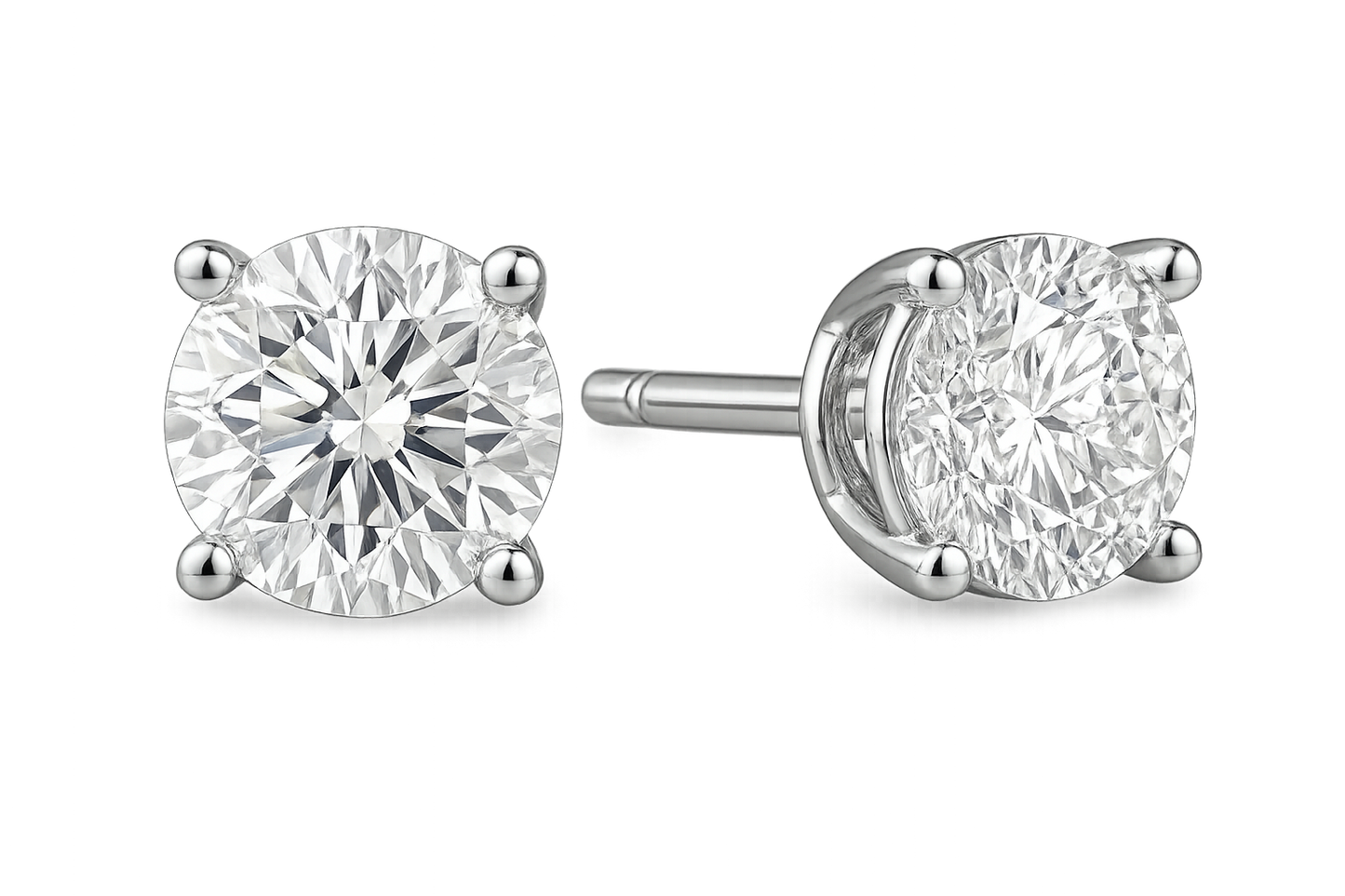 Certified diamond stud earrings in 18KT white gold, ideal for weddings or parties. give the image in png format no background