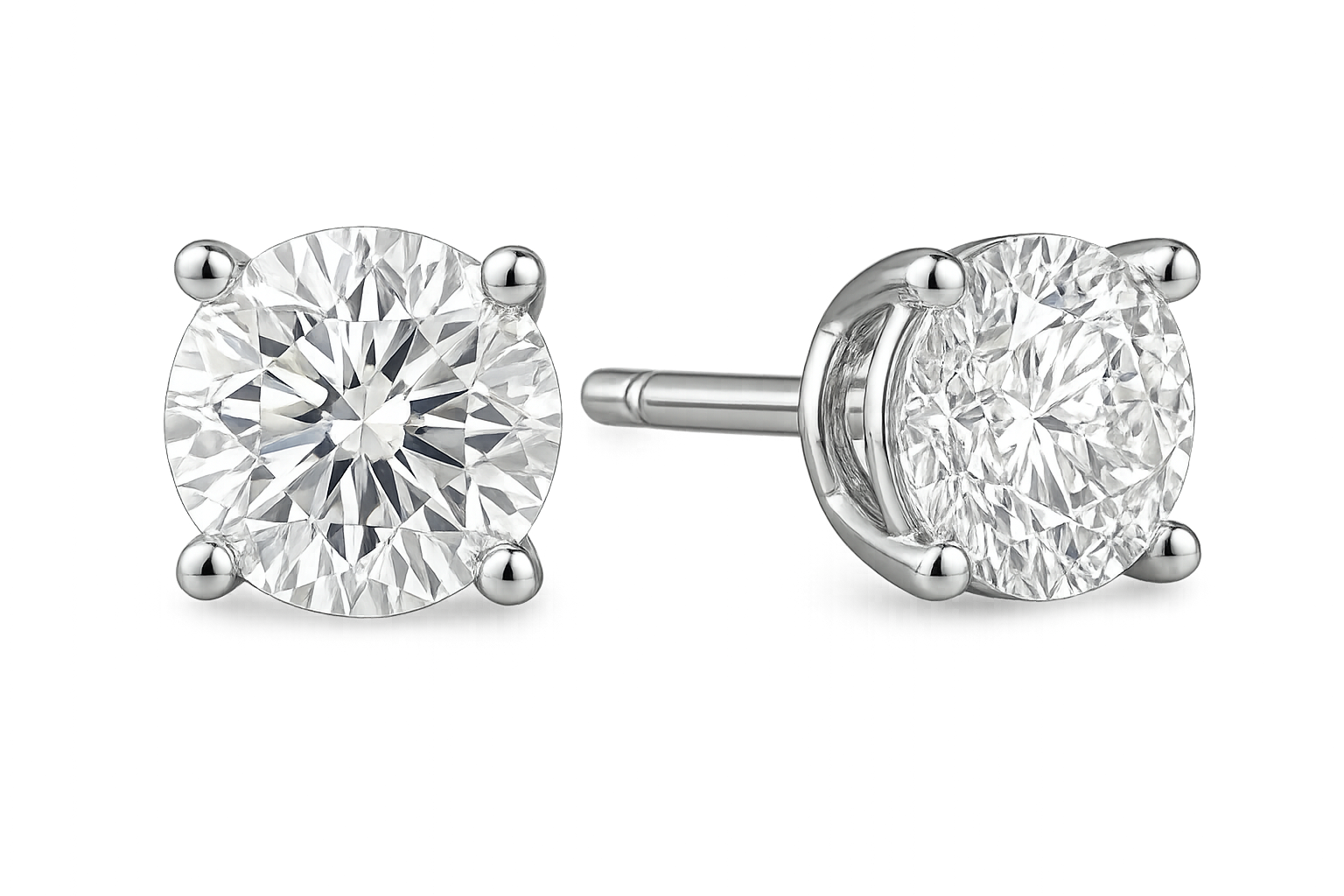 Certified diamond stud earrings in 18KT white gold, ideal for weddings or parties. give the image in png format no background