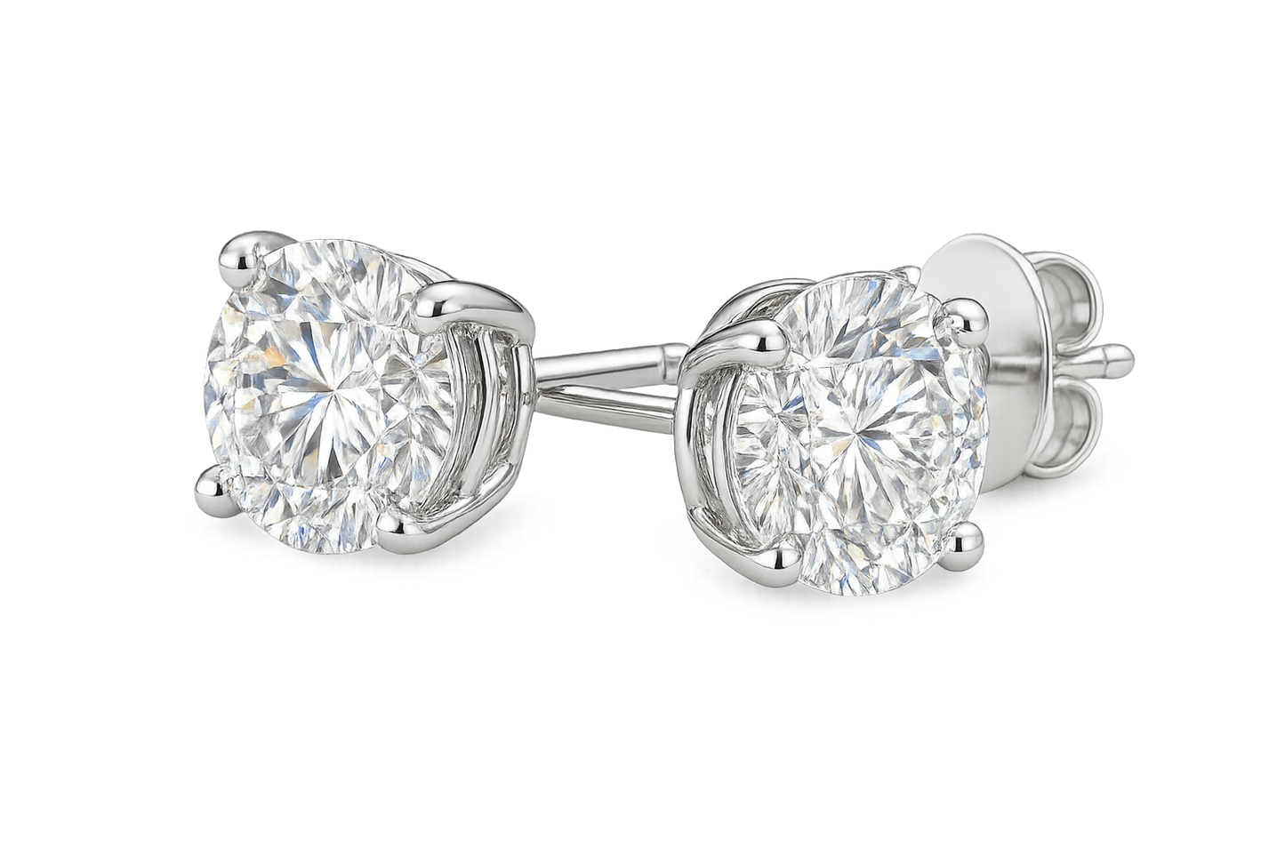 Certified diamond stud earrings in 18KT white gold, ideal for weddings or parties. give the image in png format no background