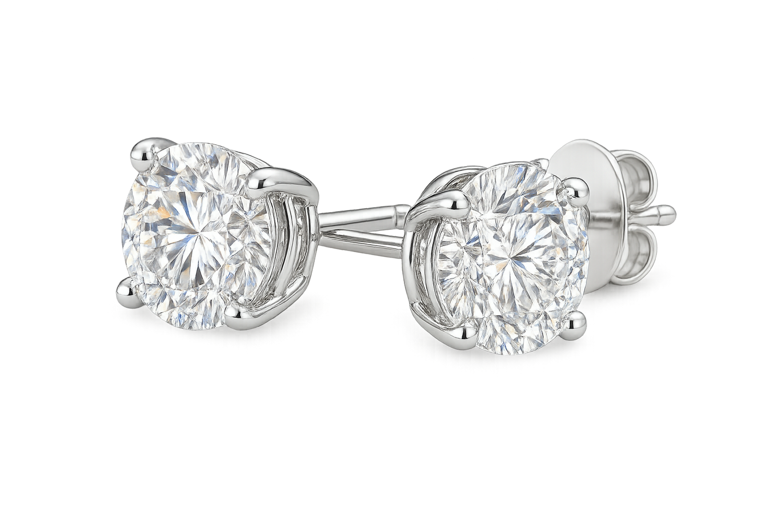 Certified diamond stud earrings in 18KT white gold, ideal for weddings or parties. give the image in png format no background