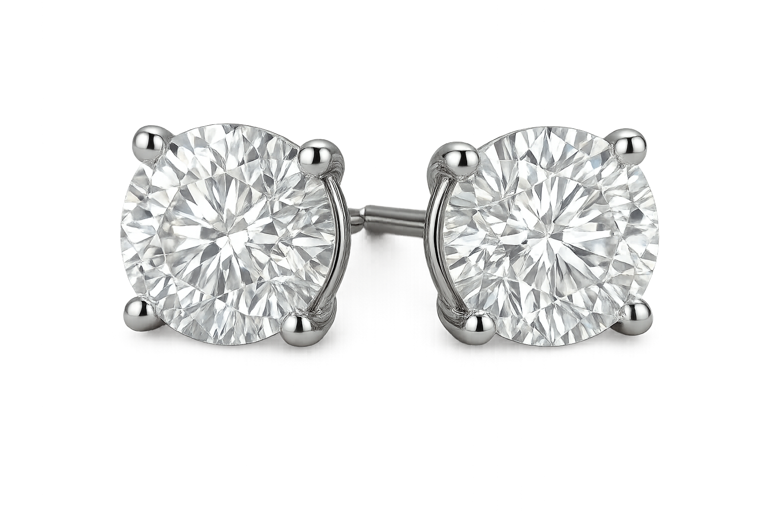 Certified diamond stud earrings in 18KT white gold, ideal for weddings or parties. give the image in png format no background