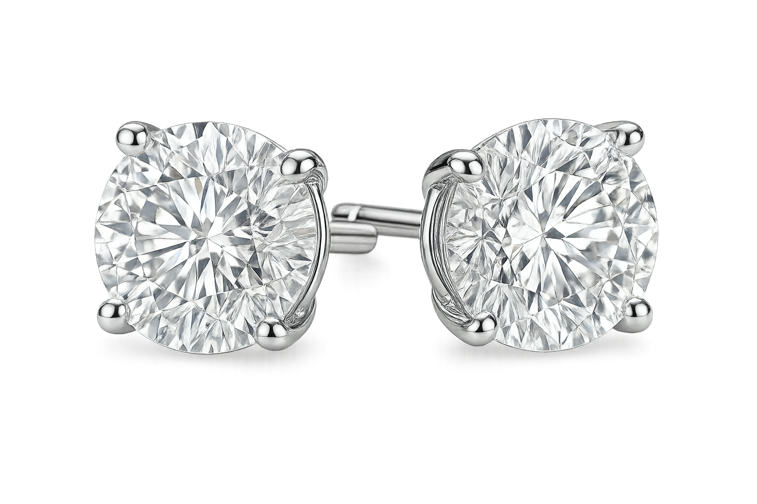 Certified diamond stud earrings in 18KT white gold, ideal for weddings or parties. give the image in png format no background