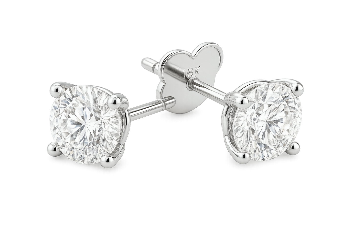 Certified diamond stud earrings in 18KT white gold, ideal for weddings or parties. give the image in png format no background