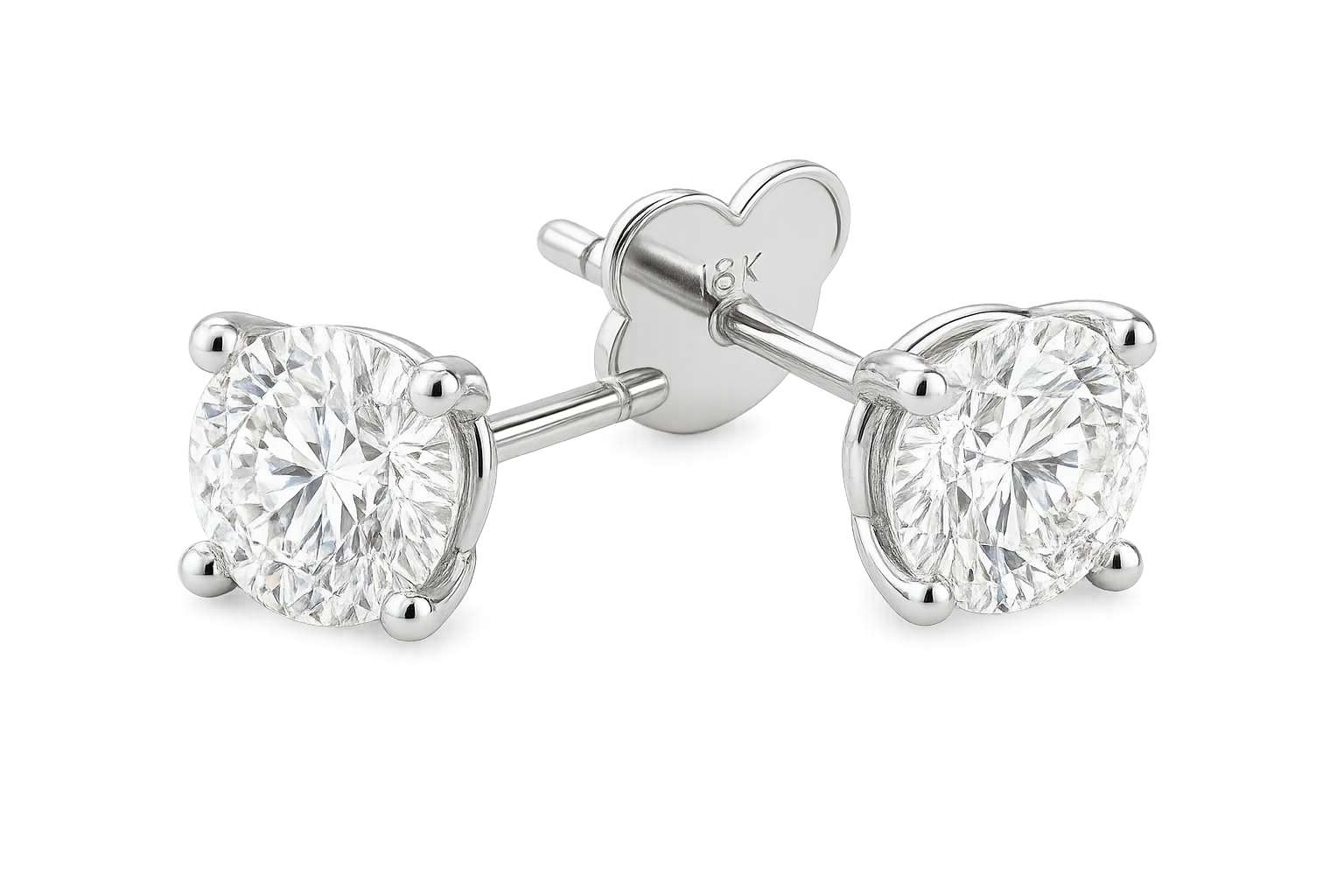 Certified diamond stud earrings in 18KT white gold, ideal for weddings or parties. give the image in png format no background