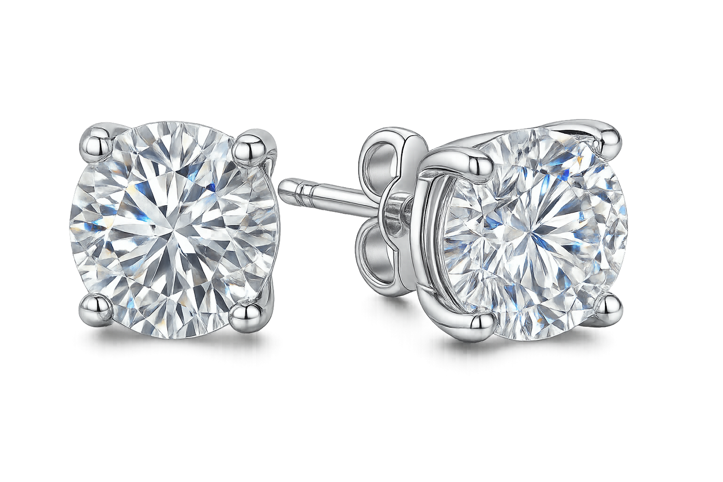 Certified diamond stud earrings in 18KT white gold, ideal for weddings or parties. give the image in png format no background
