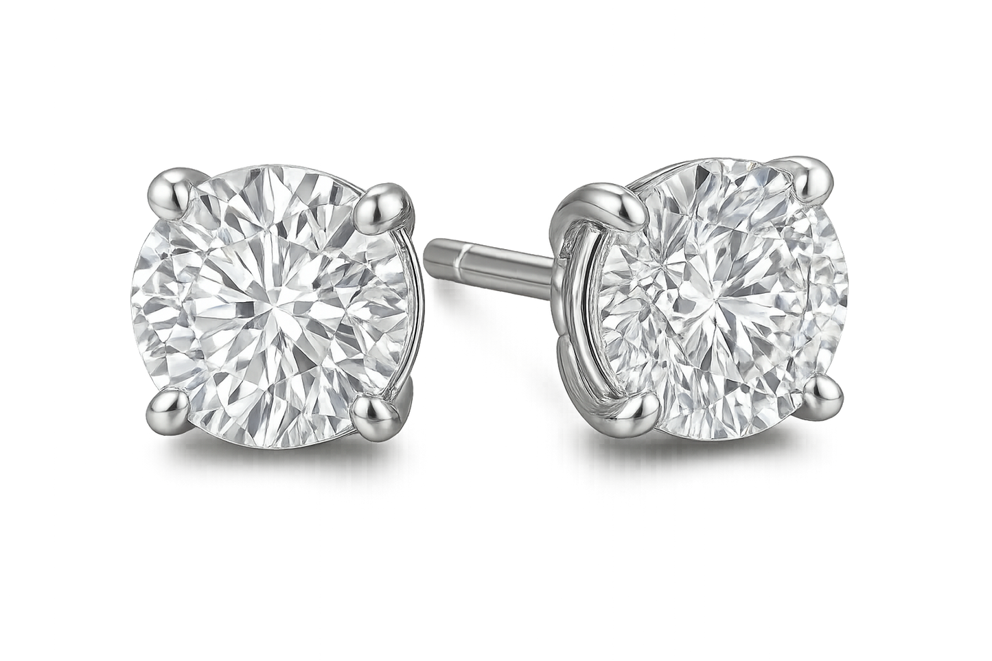 Certified diamond stud earrings in 18KT white gold, ideal for weddings or parties. give the image in png format no background