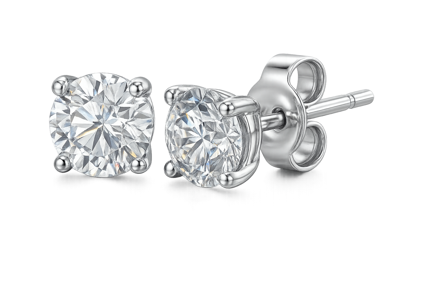 Certified diamond stud earrings in 18KT white gold, ideal for weddings or parties. give the image in png format no background