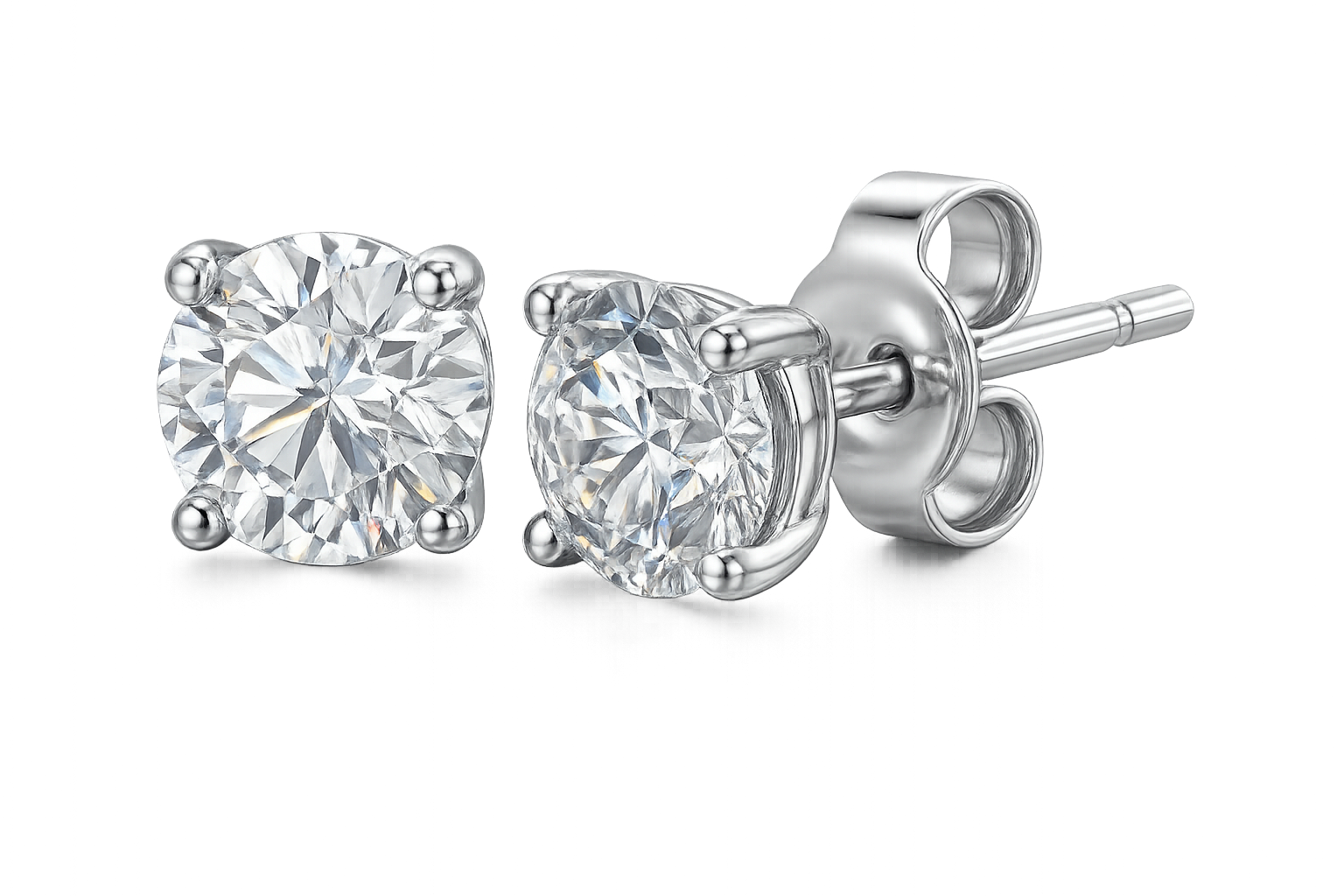 Certified diamond stud earrings in 18KT white gold, ideal for weddings or parties. give the image in png format no background
