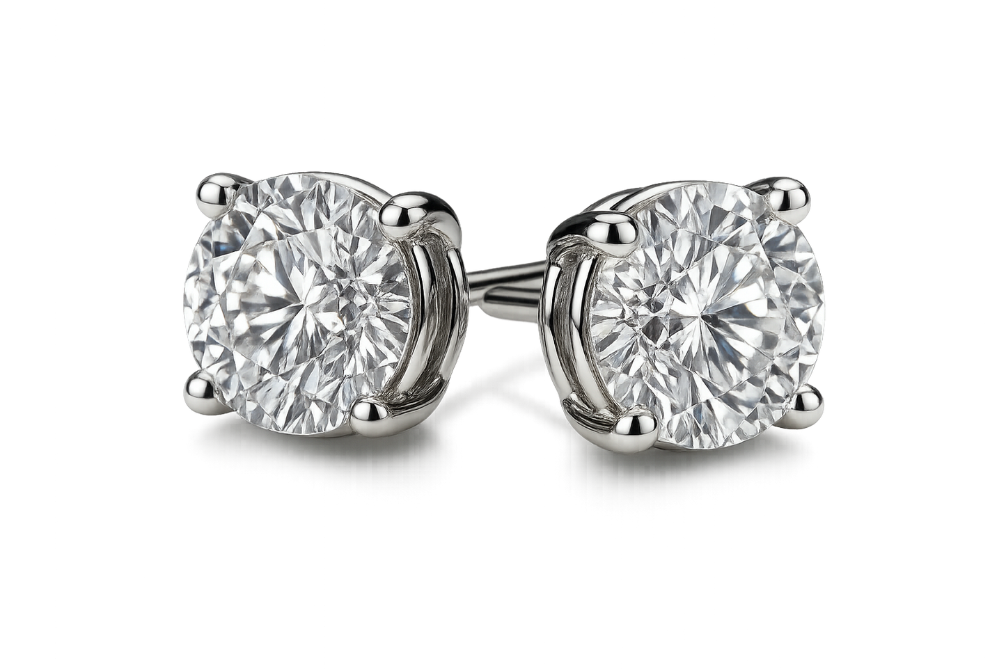 Certified diamond stud earrings in 18KT white gold, ideal for weddings or parties. No backgound and output in PNG format
