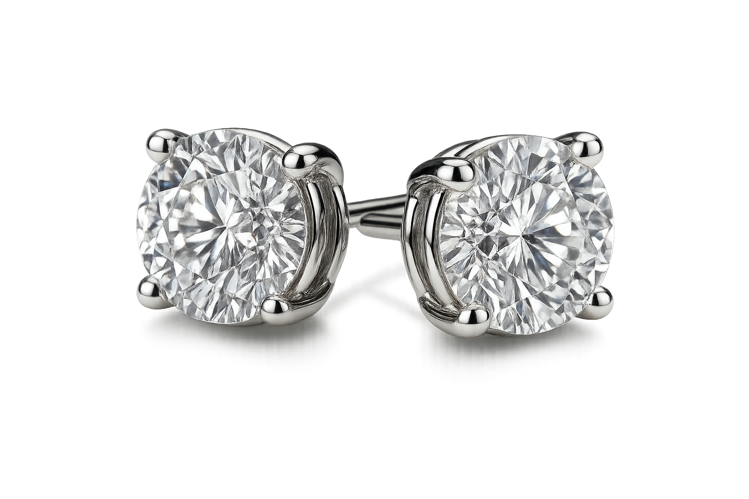 Certified diamond stud earrings in 18KT white gold, ideal for weddings or parties. No backgound and output in PNG format