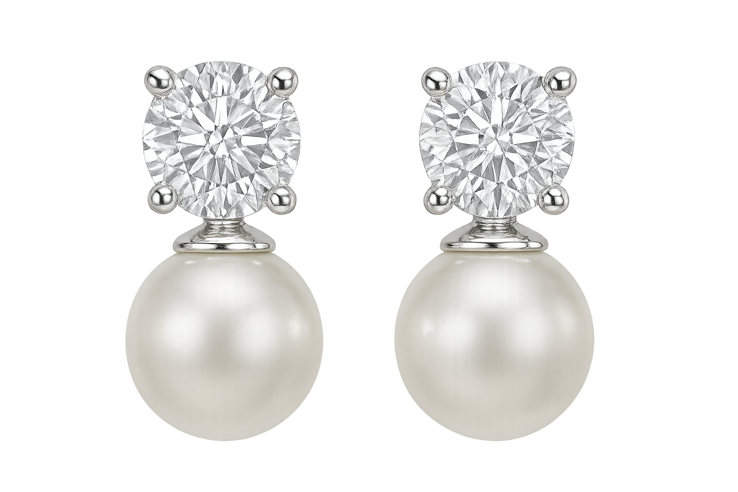 Certified diamond stud earrings in 18KT white gold, ideal for weddings or parties. with pearl give the image in png format no background