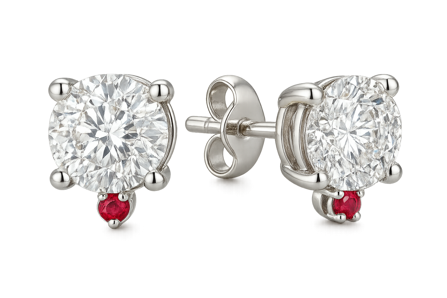 Certified diamond stud earrings in 18KT white gold, ideal for weddings or parties. with ruby give the image in png format no background 