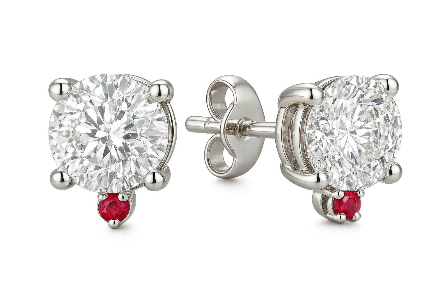 Certified diamond stud earrings in 18KT white gold, ideal for weddings or parties. with ruby give the image in png format no background 