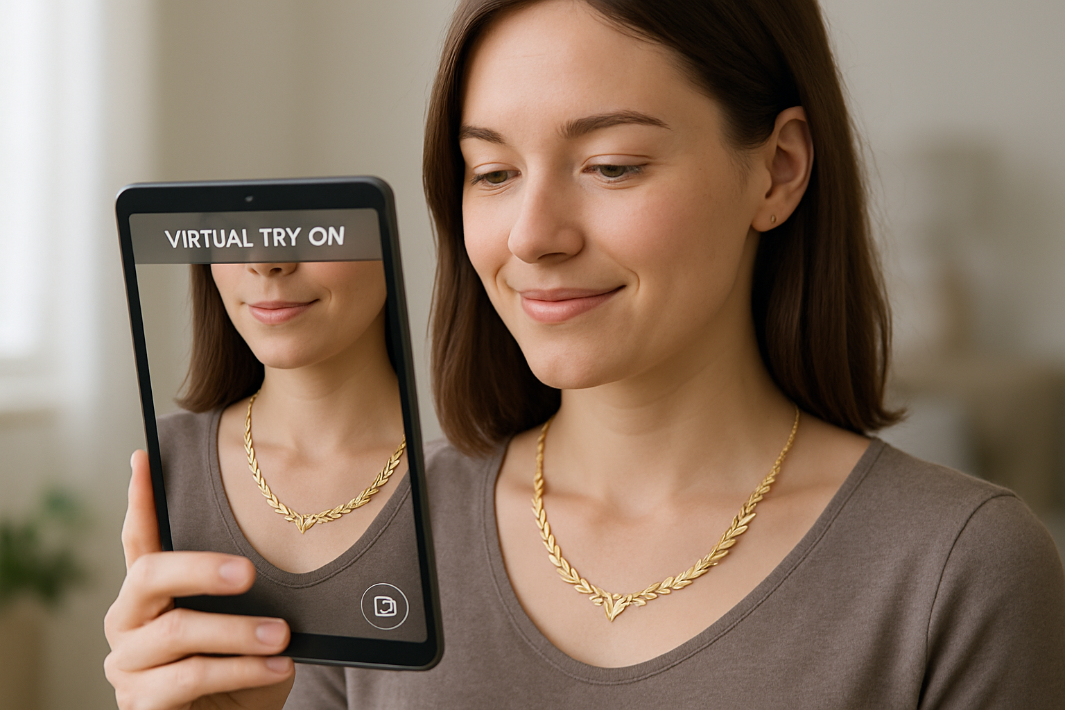 Create an image of Virtual Try On by a women for a necklace