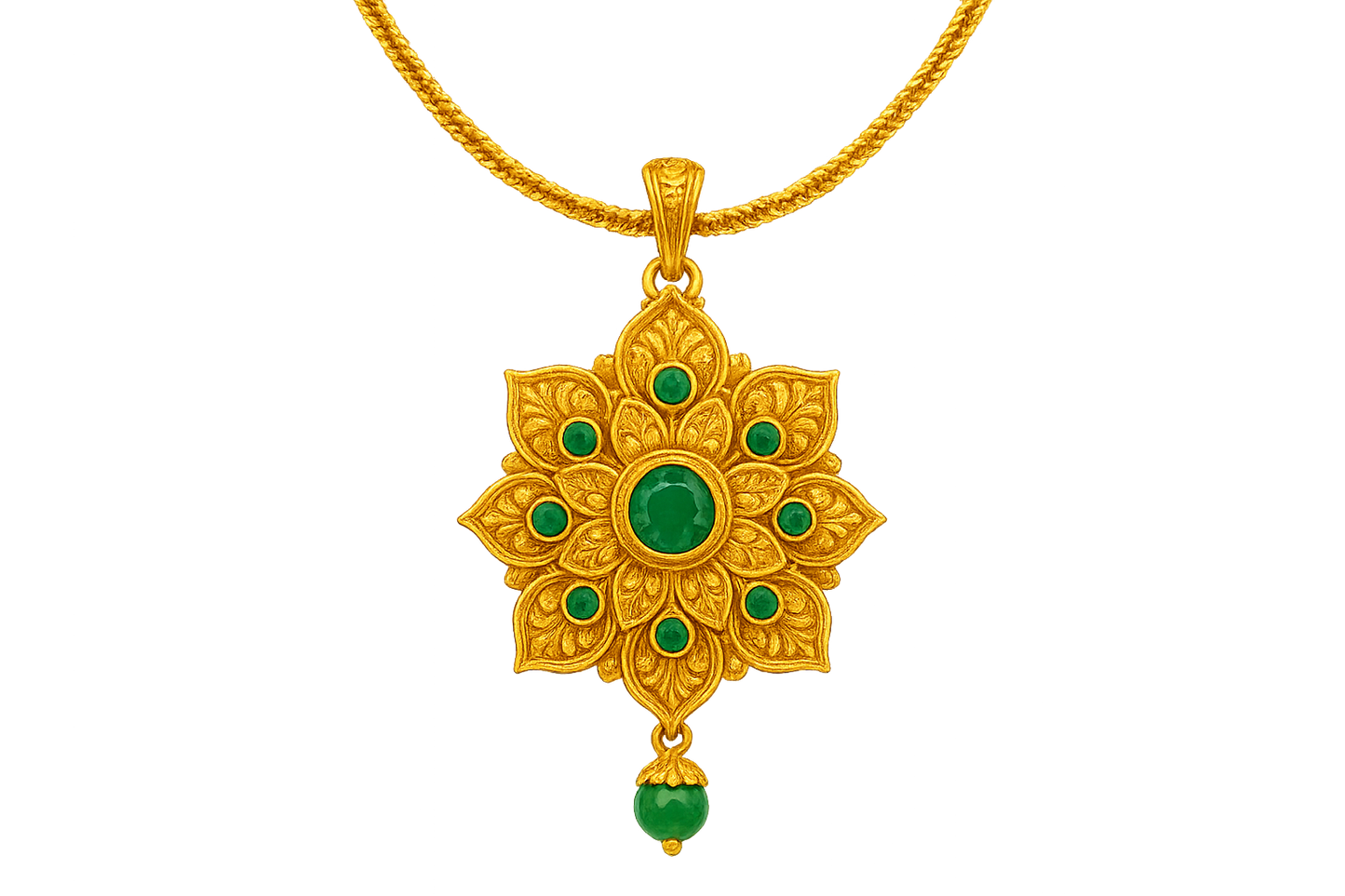 Elegant 22KT gold pendant necklace with intricate floral design. Perfect for festive and daily wear. emerald give the image in png format no background