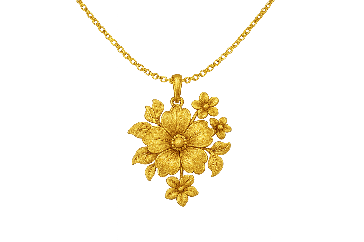Elegant 22KT gold pendant necklace with intricate floral design. Perfect for festive and daily wear. give the image in png format no background