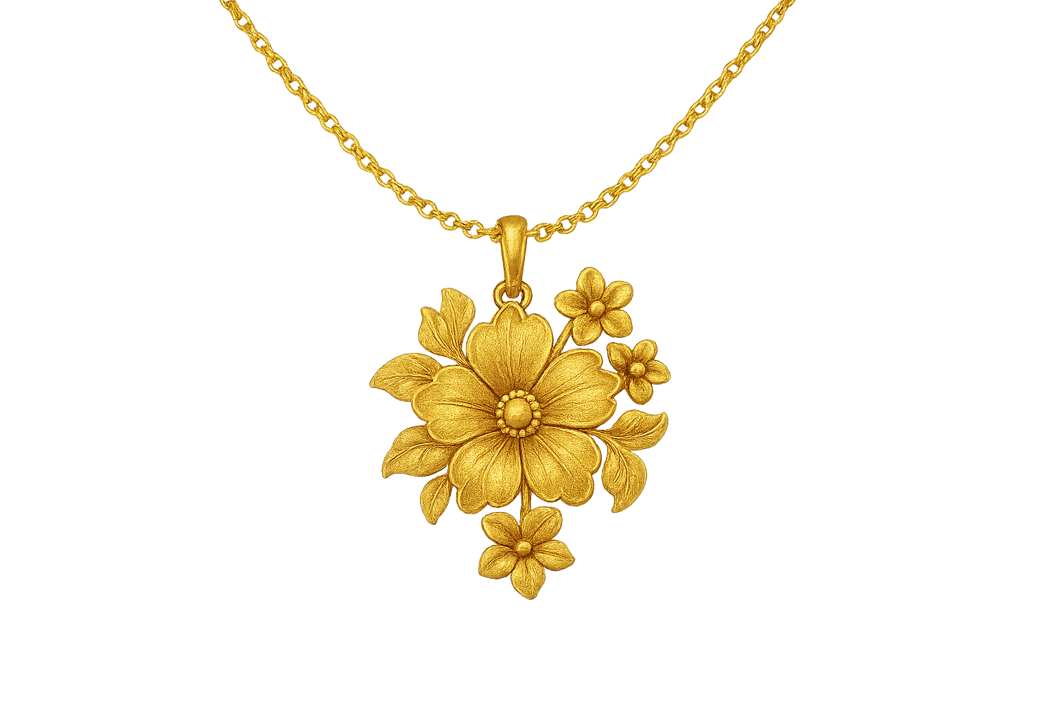 Elegant 22KT gold pendant necklace with intricate floral design. Perfect for festive and daily wear. give the image in png format no background