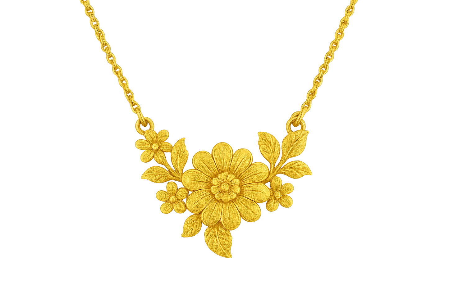 Elegant 22KT gold pendant necklace with intricate floral design. Perfect for festive and daily wear. give the image in png format no background