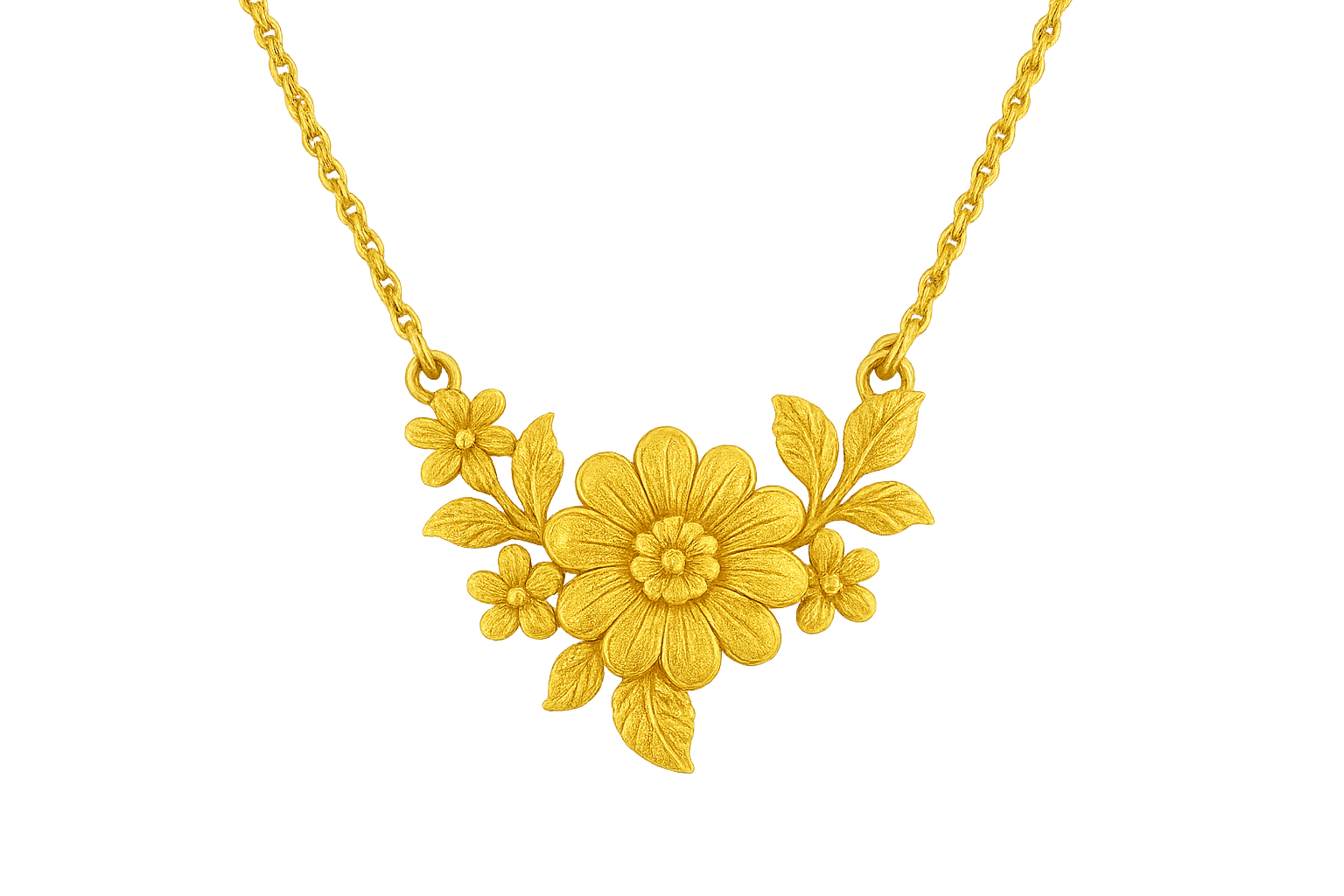 Elegant 22KT gold pendant necklace with intricate floral design. Perfect for festive and daily wear. give the image in png format no background
