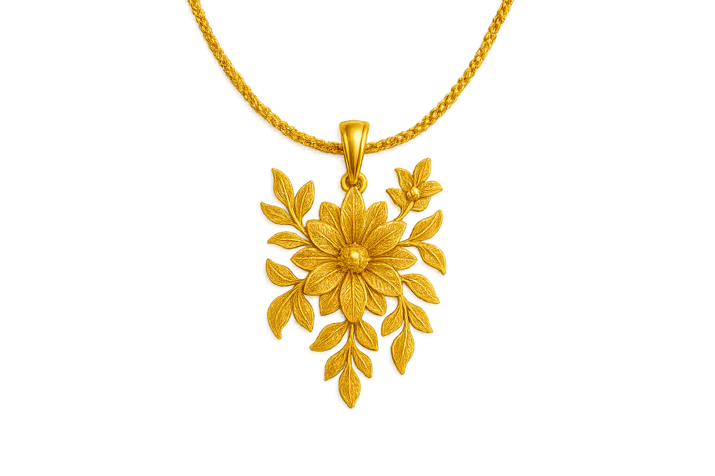 Elegant 22KT gold pendant necklace with intricate floral design. Perfect for festive and daily wear. give the image in png format no background