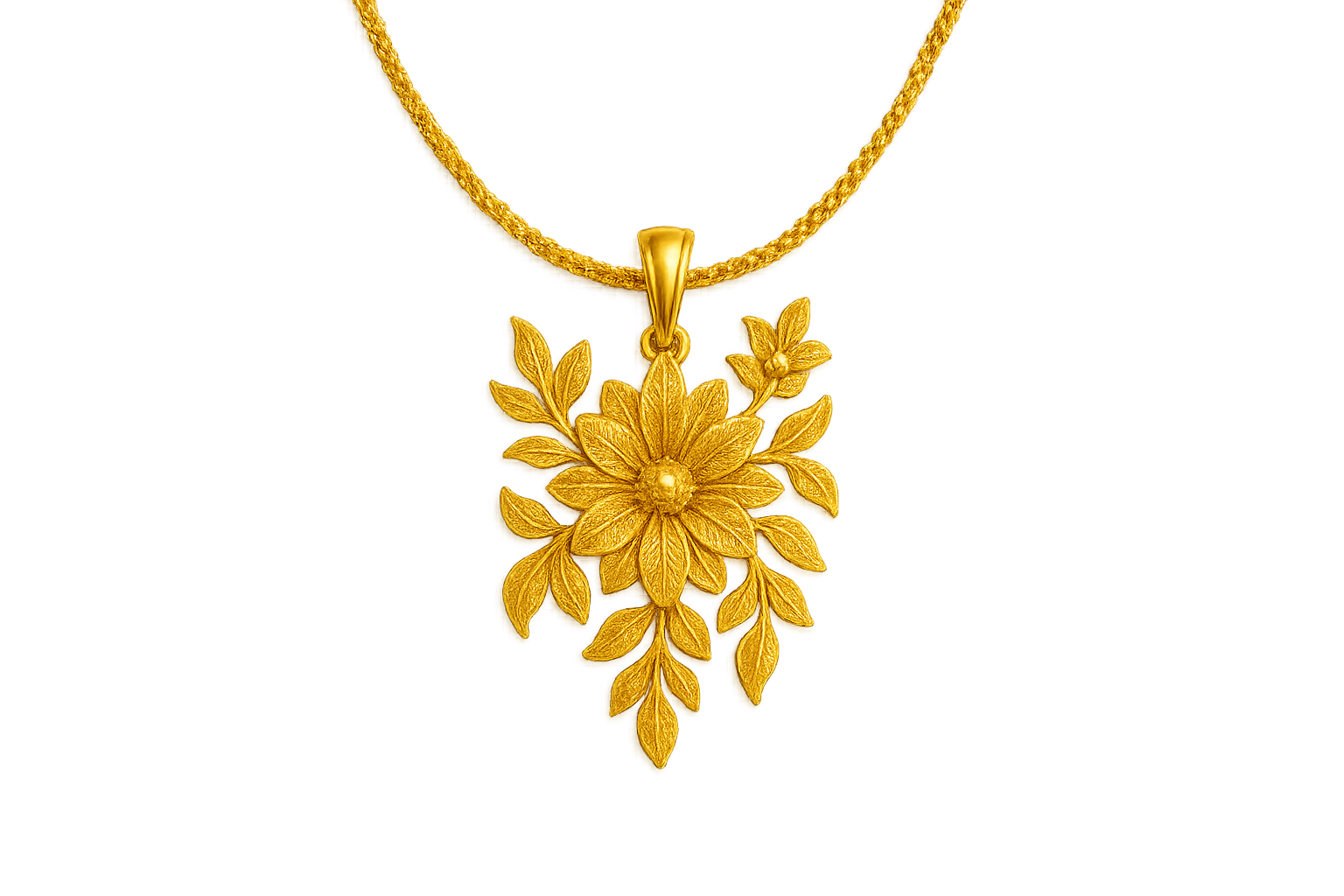 Elegant 22KT gold pendant necklace with intricate floral design. Perfect for festive and daily wear. give the image in png format no background