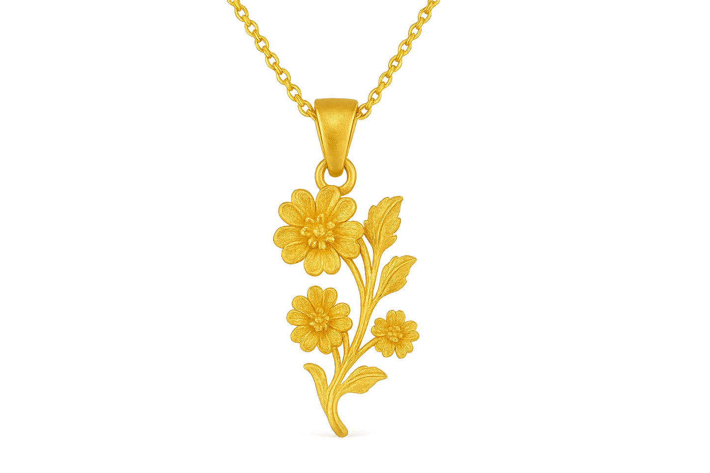 Elegant 22KT gold pendant necklace with intricate floral design. Perfect for festive and daily wear. give the image in png format no background