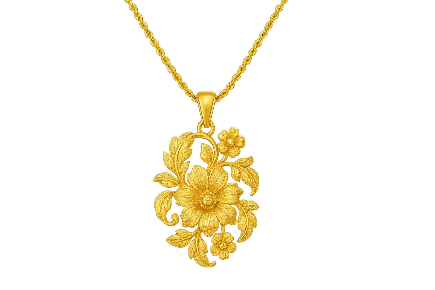 Elegant 22KT gold pendant necklace with intricate floral design. Perfect for festive and daily wear. give the image in png format no background
