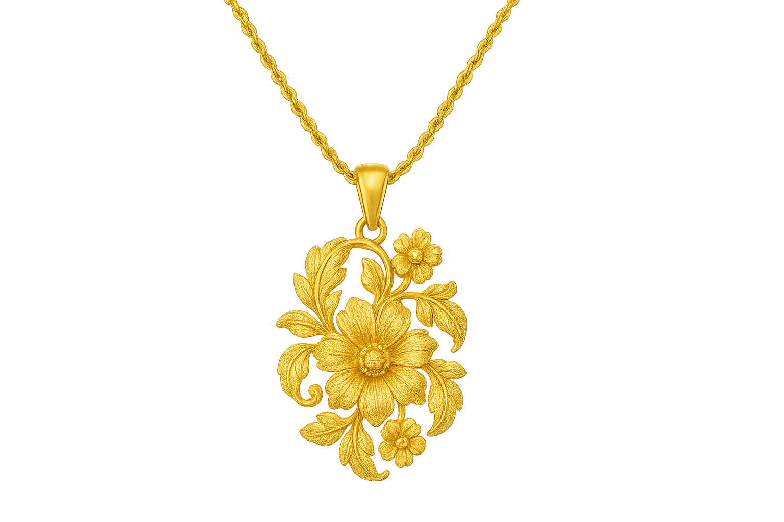 Elegant 22KT gold pendant necklace with intricate floral design. Perfect for festive and daily wear. give the image in png format no background