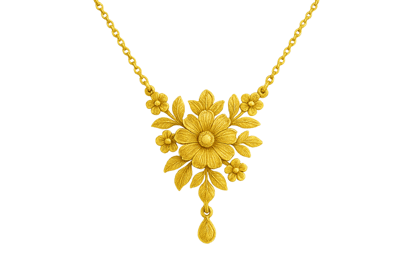Elegant 22KT gold pendant necklace with intricate floral design. Perfect for festive and daily wear. give the image in png format no background