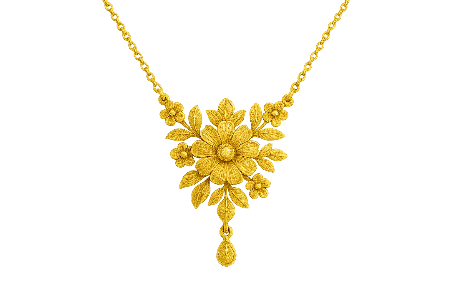 Elegant 22KT gold pendant necklace with intricate floral design. Perfect for festive and daily wear. give the image in png format no background