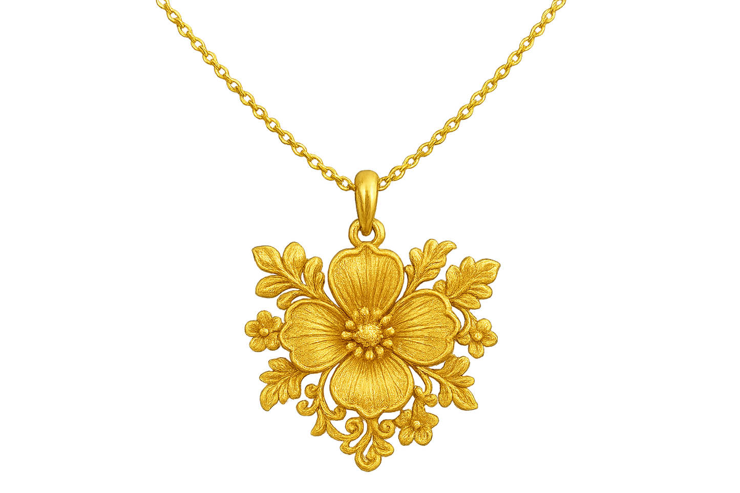 Elegant 22KT gold pendant necklace with intricate floral design. Perfect for festive and daily wear. give the image in png format no background
