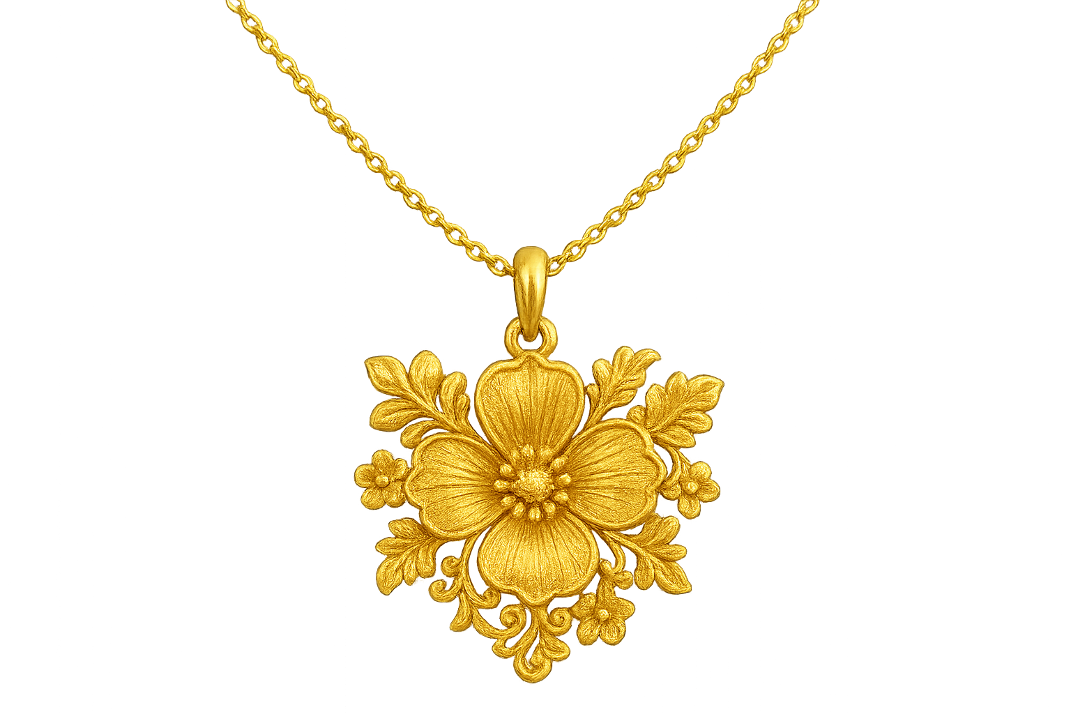 Elegant 22KT gold pendant necklace with intricate floral design. Perfect for festive and daily wear. give the image in png format no background