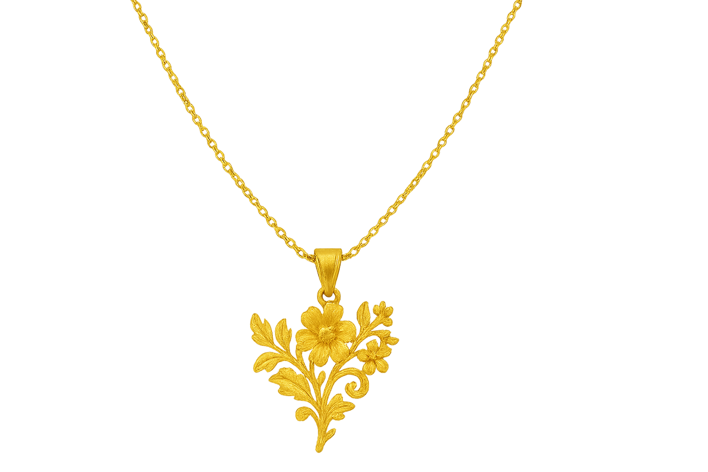 Elegant 22KT gold pendant necklace with intricate floral design. Perfect for festive and daily wear. give the image in png format no background