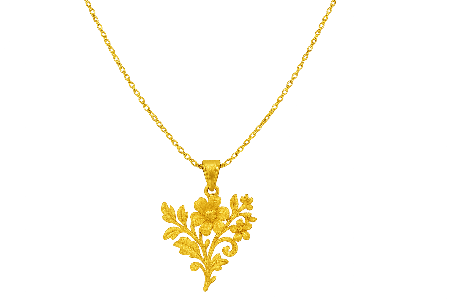 Elegant 22KT gold pendant necklace with intricate floral design. Perfect for festive and daily wear. give the image in png format no background