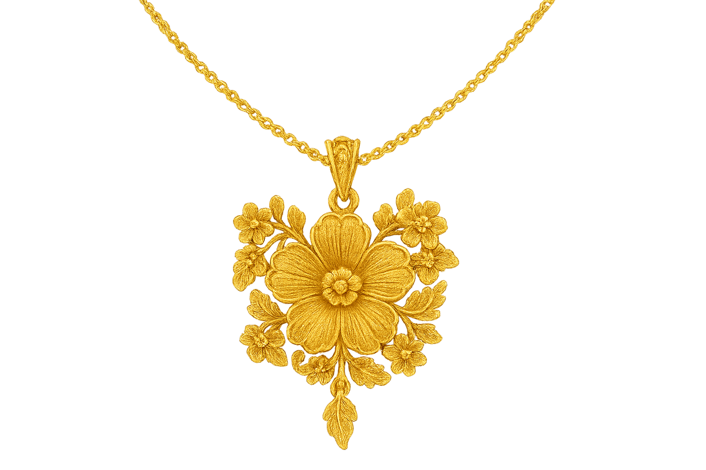 Elegant 22KT gold pendant necklace with intricate floral design. Perfect for festive and daily wear. give the image in png format no background