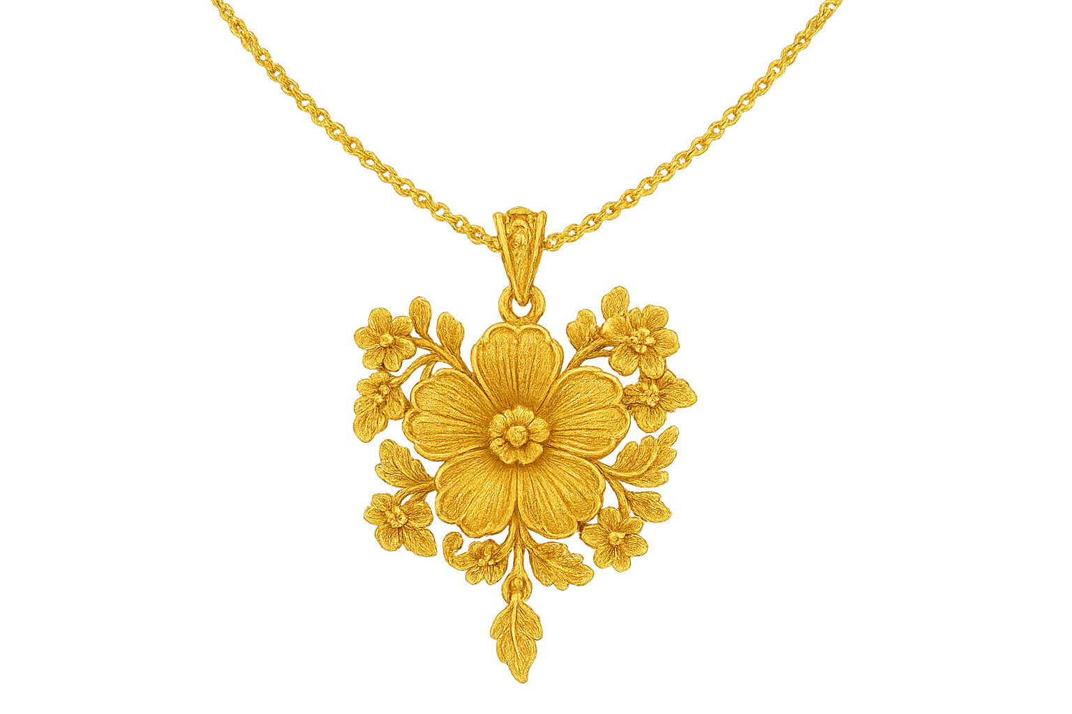 Elegant 22KT gold pendant necklace with intricate floral design. Perfect for festive and daily wear. give the image in png format no background