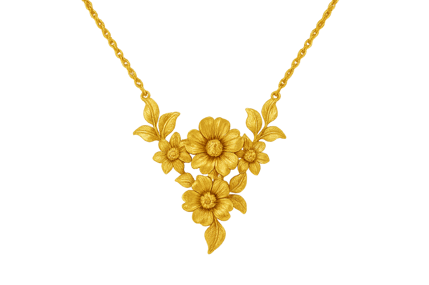 Elegant 22KT gold pendant necklace with intricate floral design. Perfect for festive and daily wear. give the image in png format no background