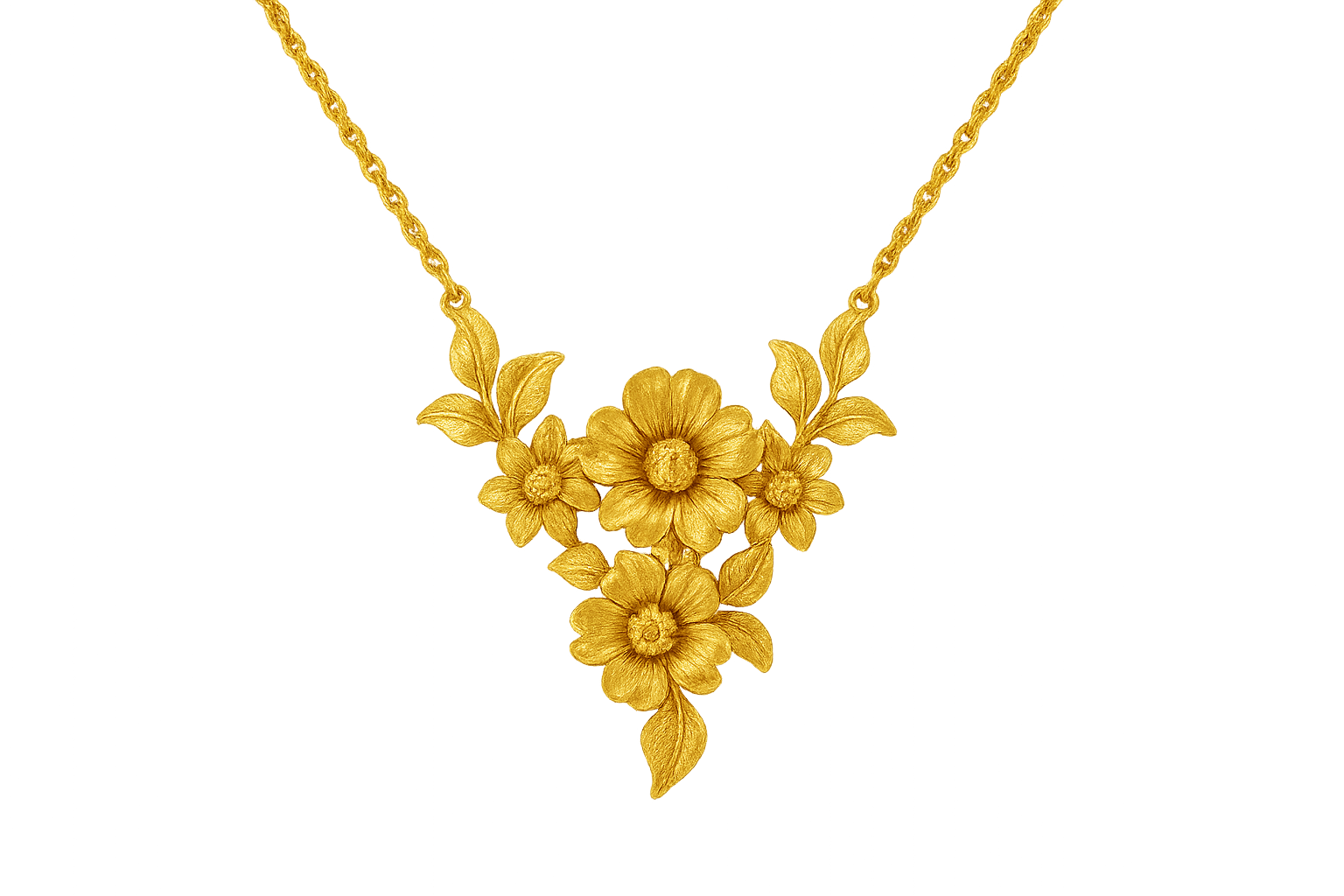 Elegant 22KT gold pendant necklace with intricate floral design. Perfect for festive and daily wear. give the image in png format no background