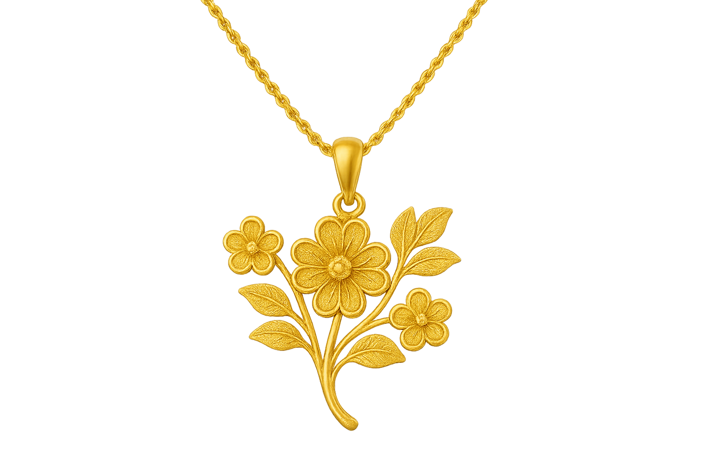 Elegant 22KT gold pendant necklace with intricate floral design. Perfect for festive and daily wear. give the image in png format no background