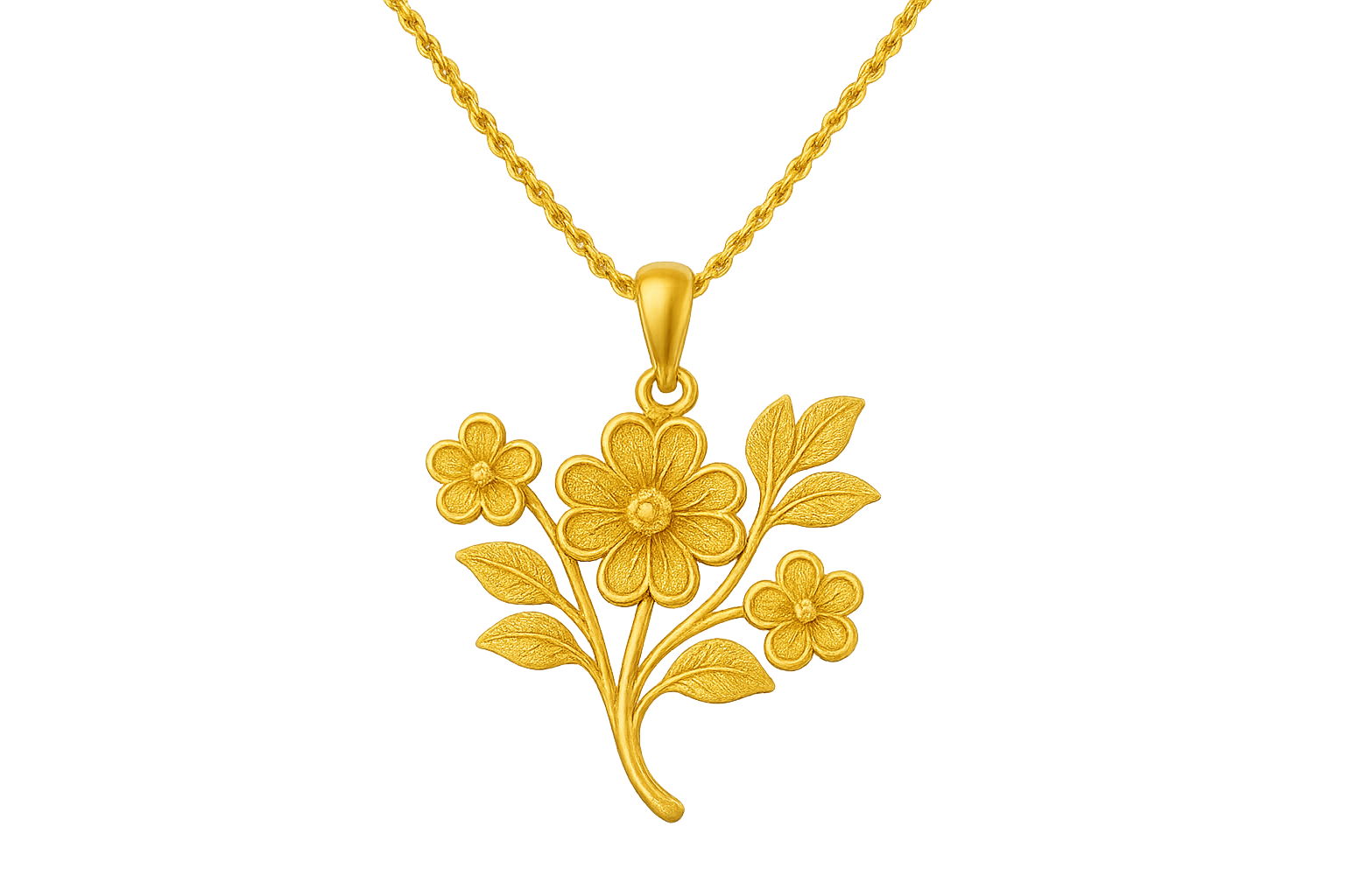 Elegant 22KT gold pendant necklace with intricate floral design. Perfect for festive and daily wear. give the image in png format no background