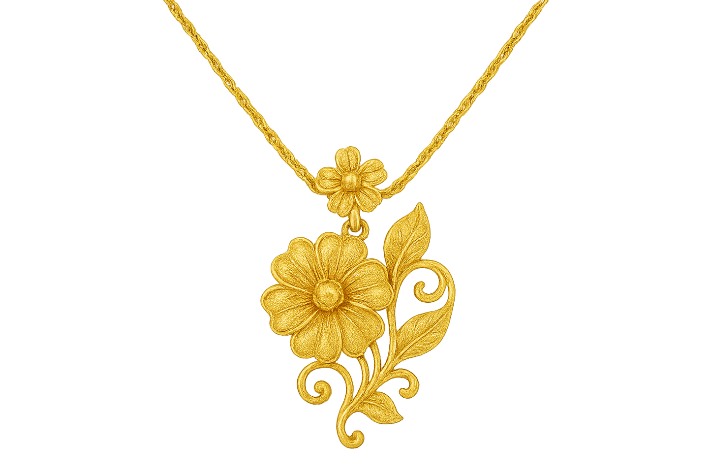 Elegant 22KT gold pendant necklace with intricate floral design. Perfect for festive and daily wear. give the image in png format no background