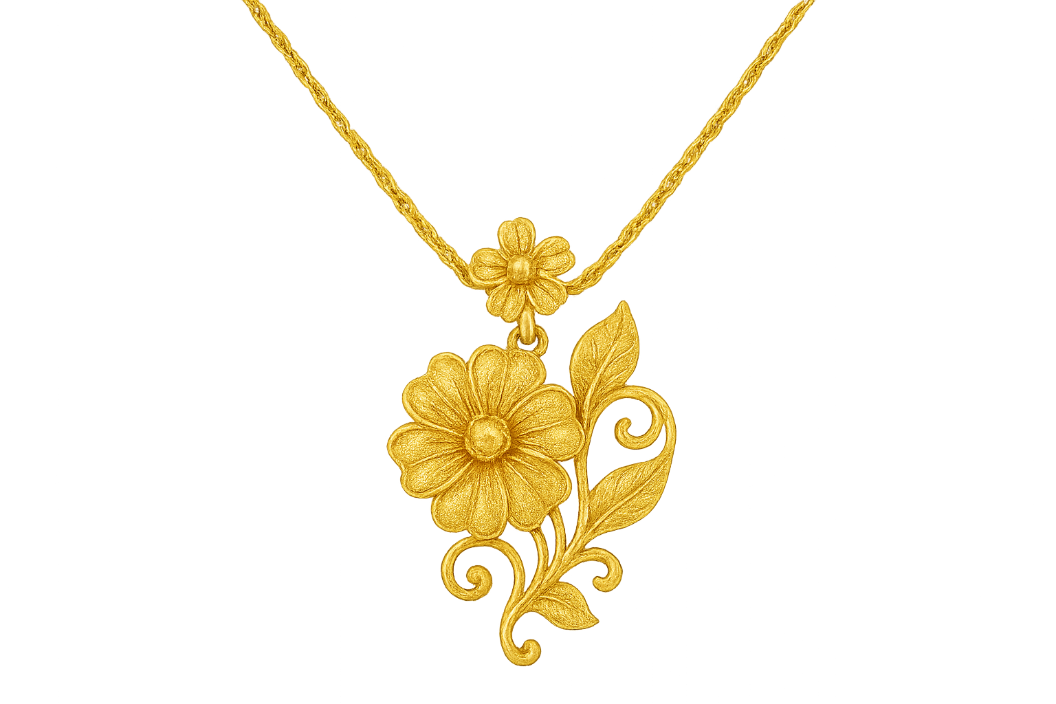 Elegant 22KT gold pendant necklace with intricate floral design. Perfect for festive and daily wear. give the image in png format no background