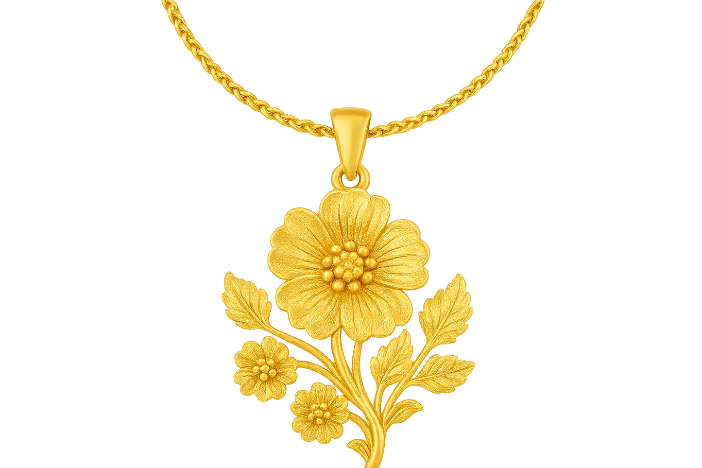 Elegant 22KT gold pendant necklace with intricate floral design. Perfect for festive and daily wear. give the image in png format no background