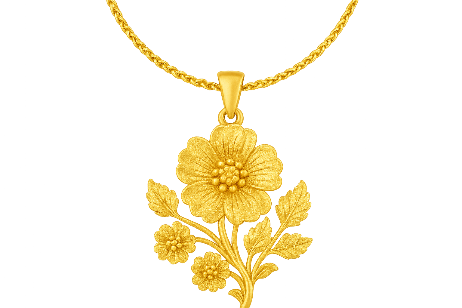 Elegant 22KT gold pendant necklace with intricate floral design. Perfect for festive and daily wear. give the image in png format no background