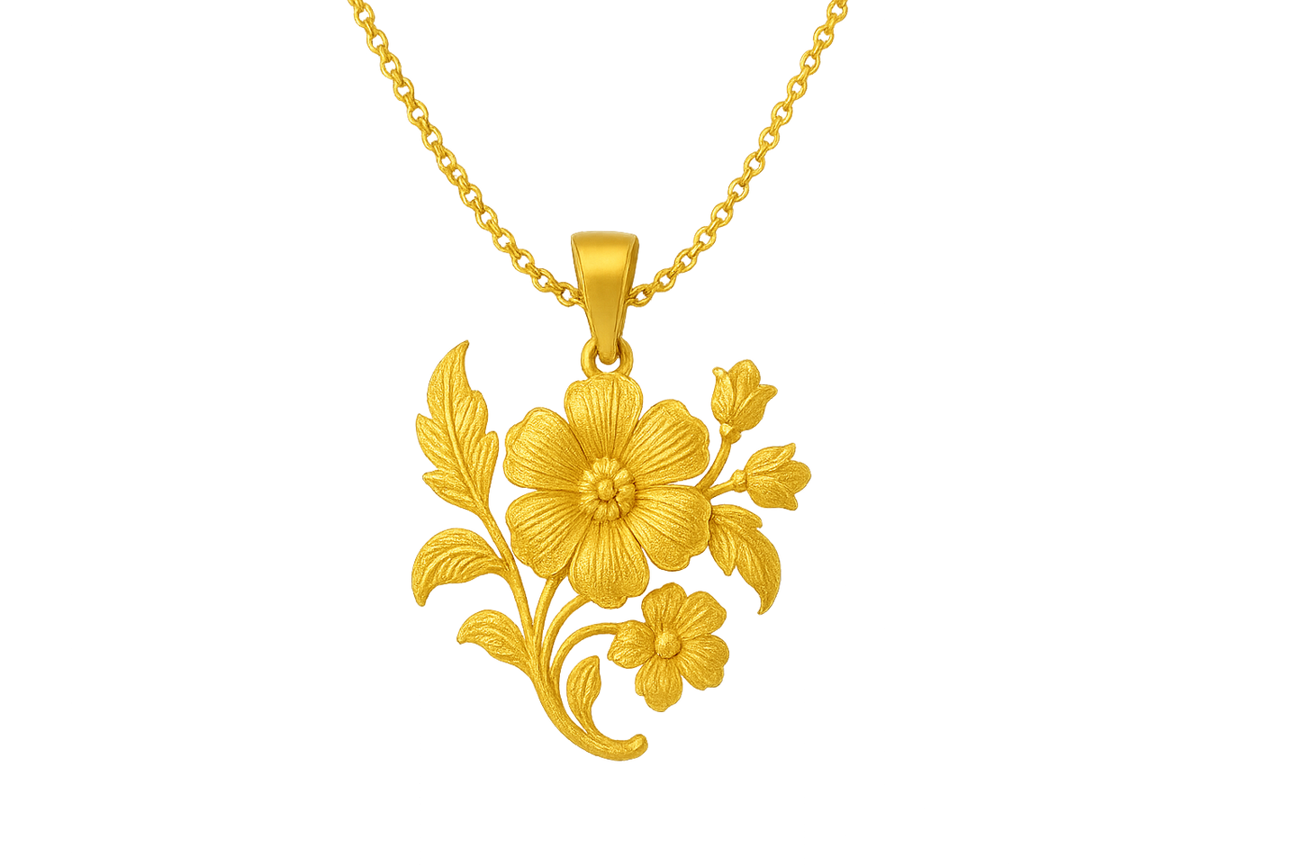Elegant 22KT gold pendant necklace with intricate floral design. Perfect for festive and daily wear. give the image in png format no background